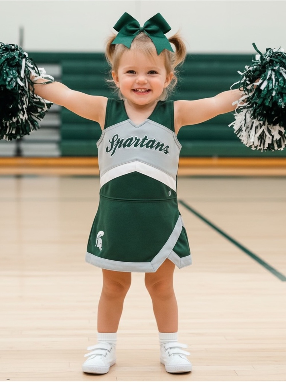 Kids Spartan Cheer Dress with Bow - Green and White